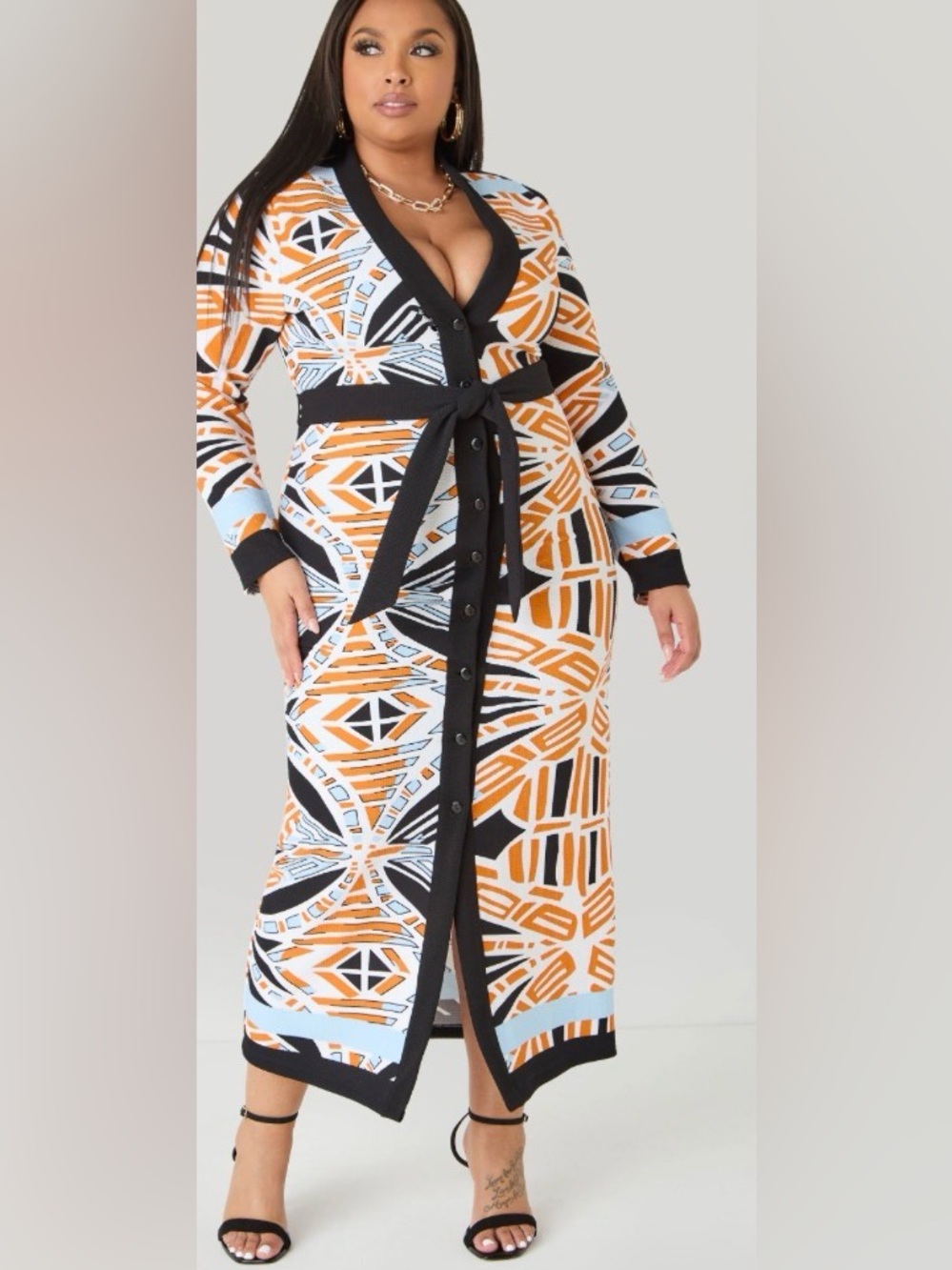 NWT Ashley Stewart Abstract Patterned Long Sleeve Belted Dress